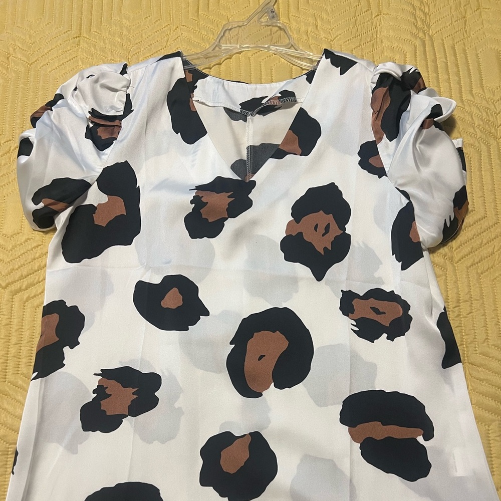 White Blouse with Black and Brown Animal Print